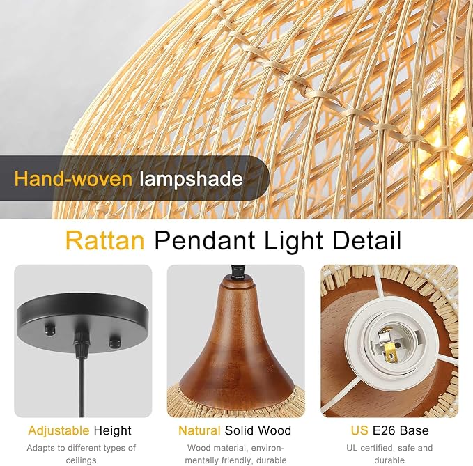 Rattan Pendant Light, 15.7" Rattan Chandelier Hand-Woven Boho Pendant Light Fixtures with Solid Wood, Basket Wicker Chandelier for Dining Room Kitchen Island Living Room