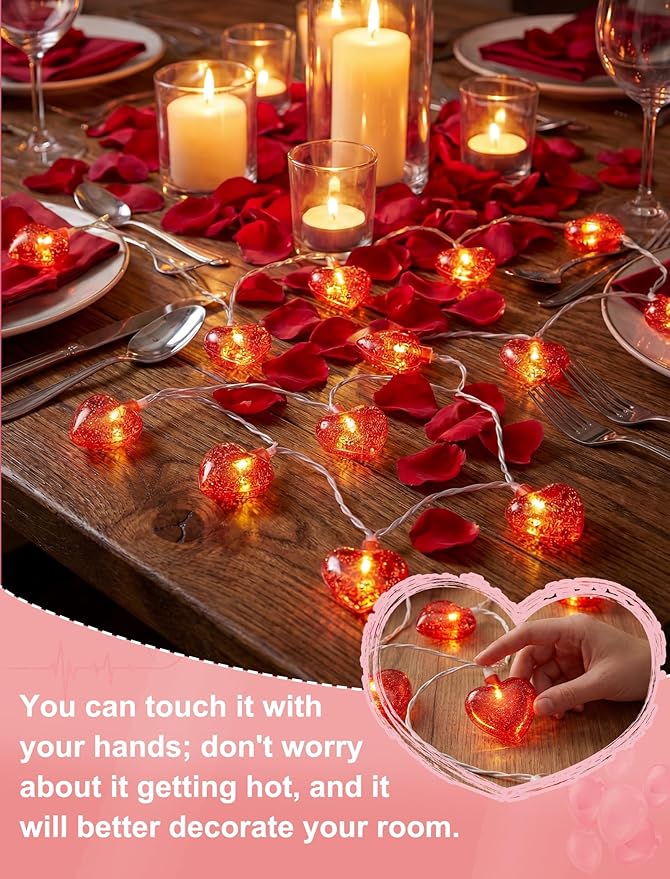 8.5Ft Red Heart String Lights,10 LED 3D Glitter Hearts Plug in Fairy Heart Shape Lights,Connectable Valentine's Day Decorations for Bedroom,Window,Wedding,Anniversary,Indoor Outdoor