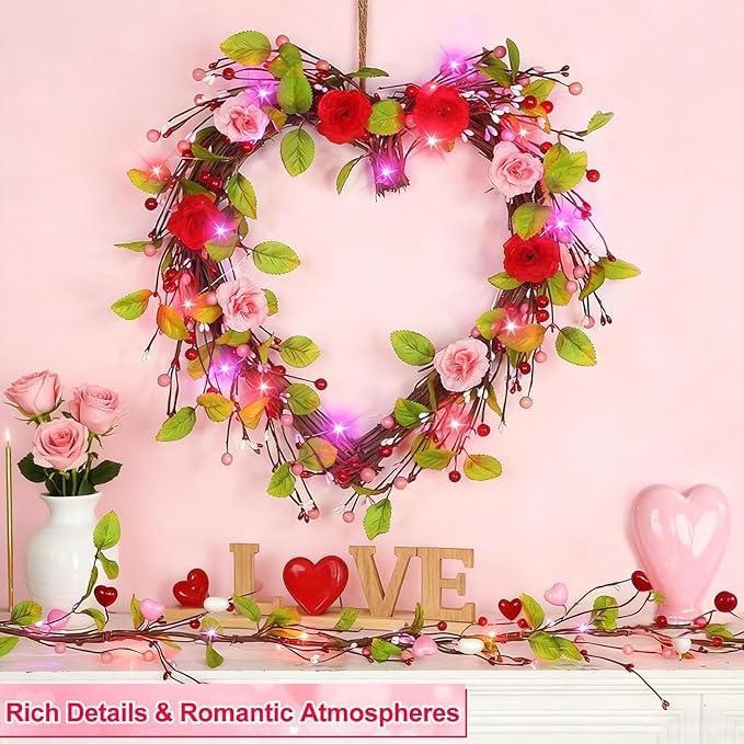 Valentines Day Wreath Decor with 20 Red and Pink Lights Timer, 18 Inch Valentines Wreaths for Front Door Rose Berry Green Leaf, Wood Heart Wreaths for Anniversary Valentines Day Decor Outdoor Indoor