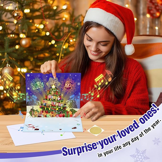 FaCraft Musical Christmas Cards, with Lights and Music, Handmade 3D Pop Up Christmas Tree Card, with Envelope, Blank Insert and Seal, for Winter, Holidays, New Year