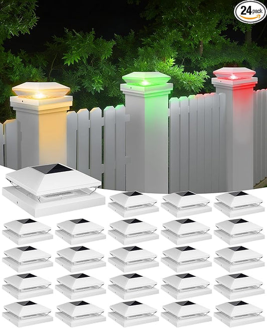 T-SUN Solar Post Cap Lights with Auto-Change Colors- for Wooden (4x4/6x6) & Vinyl (4x4/5x5) Posts | Weatherproof Outdoor Solar Fence Post Lights for Deck, Porch, Garden & Stairs(24-Pack,RGB)