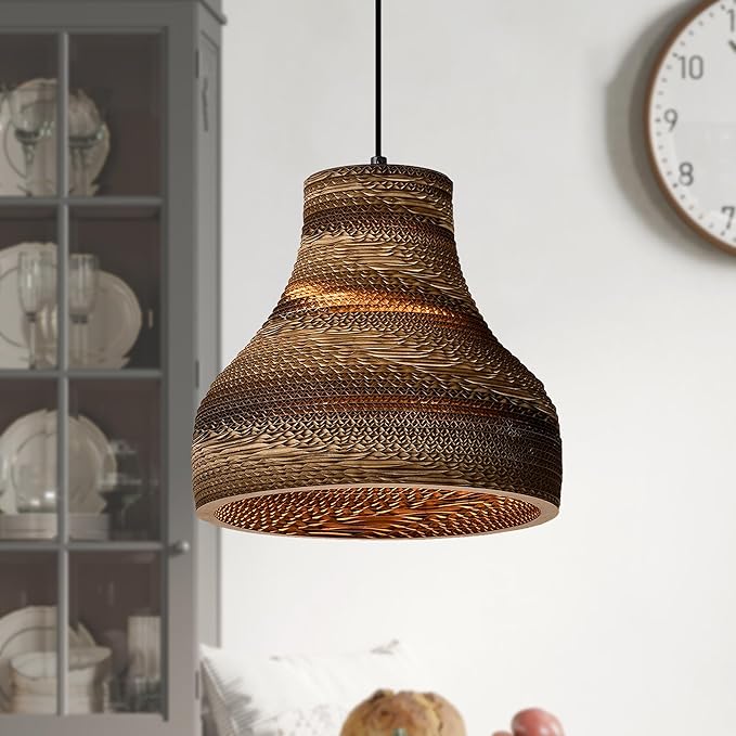 Edvivi Pendant Light with Nordic Style Funnel Paper Shade, 1-Light 11.75 in. Dia Natural Brown Cardboard Chandelier, Adjustable Hanging Light Fixture for Dining Table, No Bulbs Included