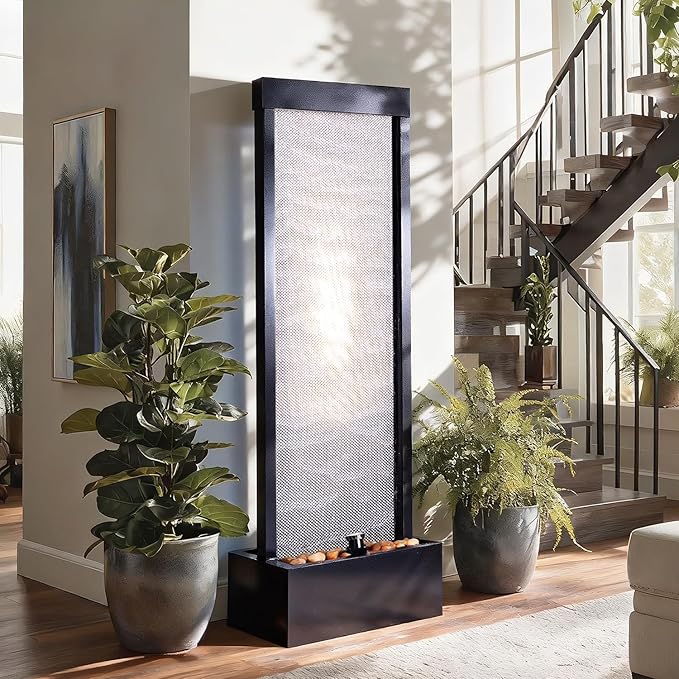 Mesh Panel Waterfall Fountain, Large Indoor Water Feature with Stones & Light, 64" Floor Standing Water Wall for Home Decor, Living Room, Patio, Outdoor Garden
