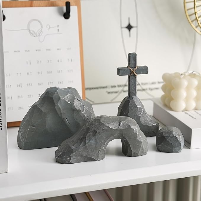Empty Tomb Easter Decor with Cross, Easter Empty Tomb Resurrection Scene for Christian Decoration, Realistic Rock Resin Sculpture for Religious Display, Home Office Tabletop Tray, Church, Shelf Decor