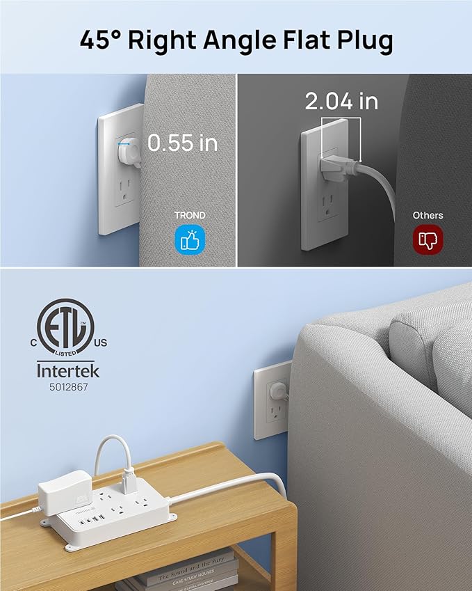 TROND Power Strip with USB, 10ft Extension Cord Surge Protector, 5 Widely Spaced Outlets with 4 USB Ports, ETL Listed, 1300J, Low-Profile Flat Plug, Wall Mountable, White