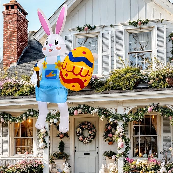 OurWarm 8FT Easter Inflatables Outdoor Decorations, Sitting Bunny with Eggs Holiday Decor, Easter Blow Ups for Outside Spring Lawn Yard Roof Party Supplies