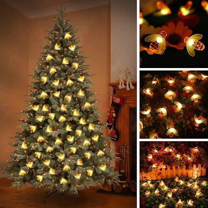 ITICdecor Solar Bee String Lights Outdoor Waterproof 50 LEDs 8 Modes Honeybee Fairy Light Outdoor Lights Patio Garden Fence Yard Wedding Christmas Tree Decor