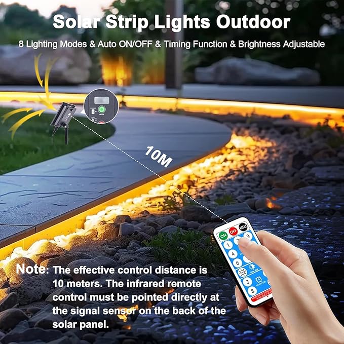 40ft Solar Led Strip Lights Outdoor, 8 Mode with Remote Timer and Auto On/Off, Self-Adhesive Waterproof, Great for Yard, Garden, Stair, Sidewalk Decor, Warm White