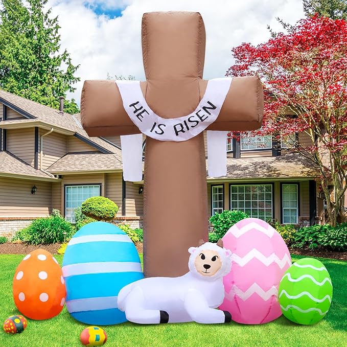 New 6FT Easter Inflatable Outdoor Decorations He is Risen Cross, Build-in LED Lights Holiday Blow Up Yard Decoration, for Easter Holiday Party, Outdoor,Garden, Yard Lawn Décor