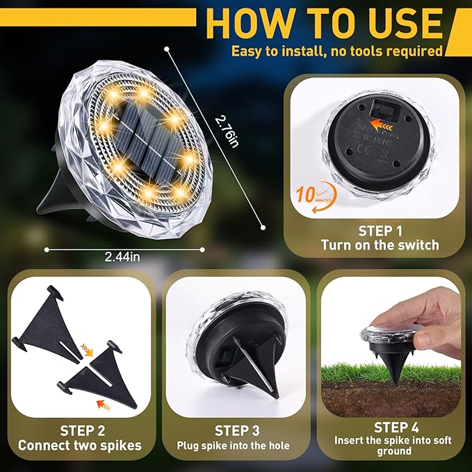 Solar Ground Lights,Solar Disc Light Outdoor Waterproof,Landscape Lighting Garden Lights for Pathway, Yard, Deck, Lawn, Patio, Swimming Pool, Walkway(Warm, 8Pack)