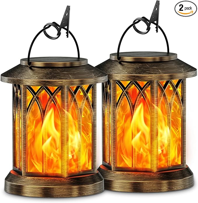 KOOPER 2 Pack Solar Lanterns Outdoor Waterproof, Upgraded Flickering Flame Solar Lantern Lights, Auto On/Off Lanterns Decorative Outdoor, Outdoor Hanging Lantern for Yard Garden Table Decor (Bronze )