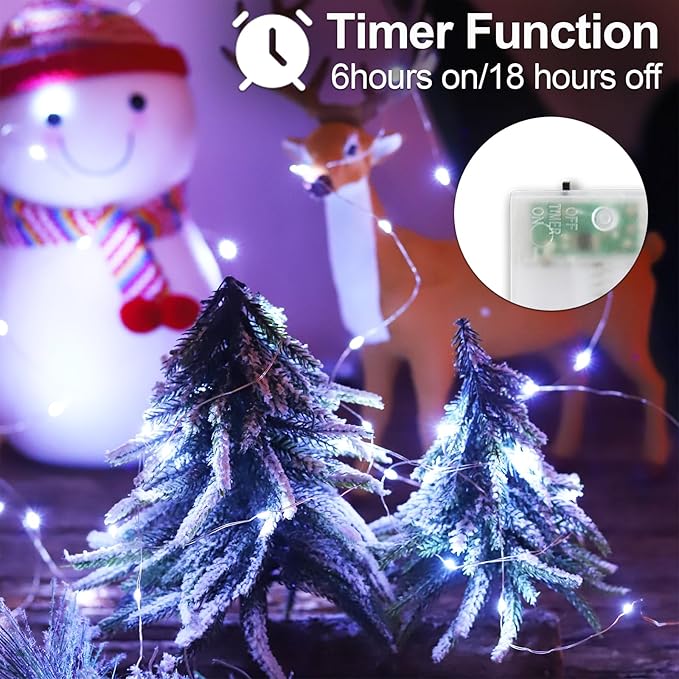 YAOZHOU Christmas Decorations Cool White Fairy String Lights, Battery Operated with Timer, 2 Pack Total 33FT 100 Led Mini Battery Powered Mason Jar Waterproof Firefly Lights DIY Party