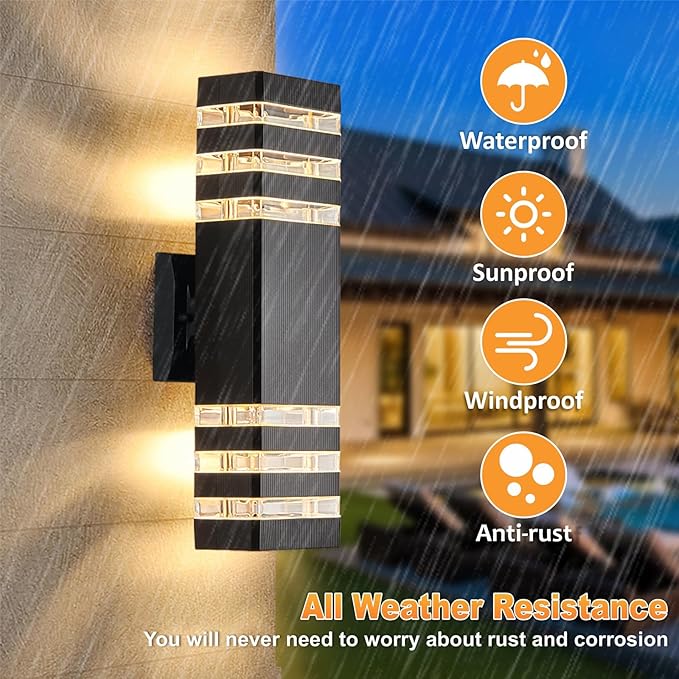 DASTOR 4 Pack Modern Outdoor Wall Lights, 15.1'' Up and Down Porch Lights, 14W 3000K Warm White Exterior Sconce Lighting Fixtures for House Garage