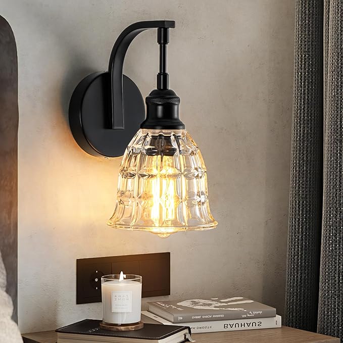 Blck Wall Sconce, Modern Matte Black Sconces Wall Lighting, Vintage Glass Light Fixtures, Indoor Wall Lamps for Bathroom Vanity Mirror Living Room Bedroom Kitchen Hallway Stairway E26 Hardwire
