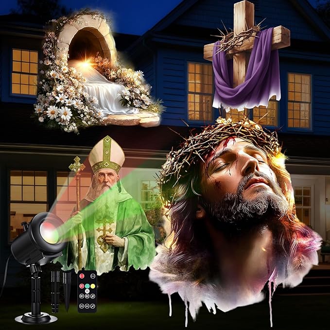 Easter Religious Projector Light Outdoor with 12 Film Slides, Christian Cross Saint Patrick Jesus Projection Light, Multiple Holidays 4 Color Mode with Remote, Waterproof Yard Decor