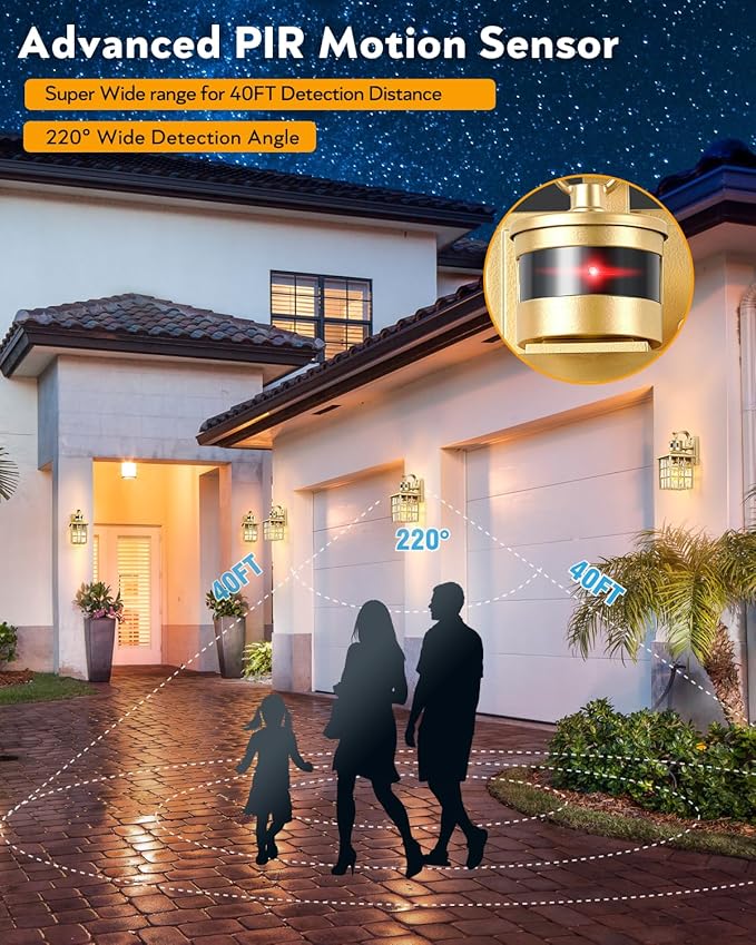 VIANIS 2 Pack Gold Motion Sensor Porch Lights Outdoor, Modern Exterior Lighting Fixtures Wall Mount for House, 100% Aluminum Waterproof Outdoor Sconce Lights, Anti-Rust Exterior Garage Light Fixtures