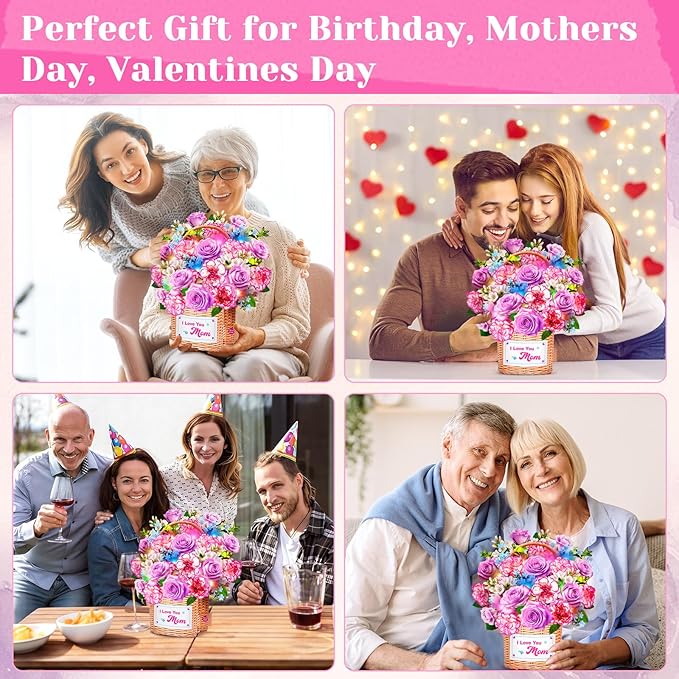 Mothers Day Card With Music & Lights, 3D Pop Up Mothers Day Gifts, Carnation & Rose, 10 Inch Life Sized Forever Flower Bouquet Birthday Card for Mom Wife Women Her