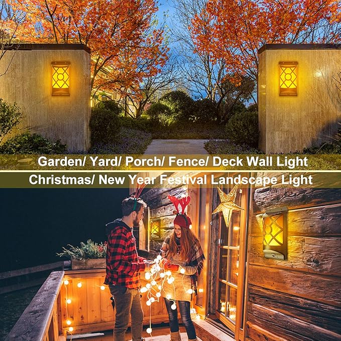 6 Pack Solar Flame Lights Outdoor - Realistic 3D Flickering Flames Wall Lantern with 66 Ultra-Bright LEDs - Waterproof Auto On/Off Fire Effect Garden Decor Lighting for Fence, Patio