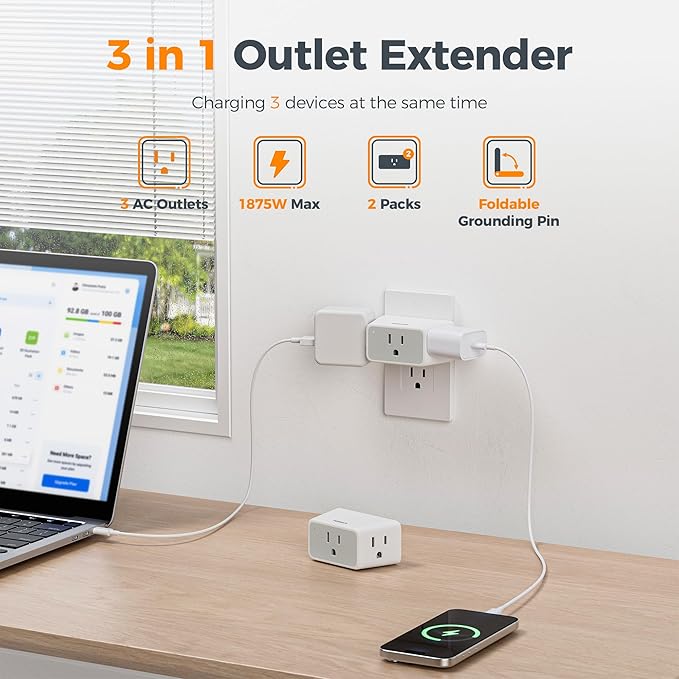 TESSAN Multi Plug Wall Outlet 2 Packs, 2 Prong to 3 Prong Foldable Adapter, 3 AC Plug Extension Outlet Extender, 1875W Max for Cruise Ship, Home, Office, Dorm, Travel Essential