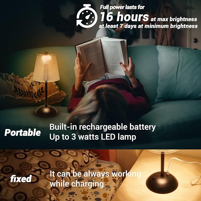 Cordless Table Lamp, 4000mAh Rechargeable Battery Operated Lamp, 3 Color Modes & Stepless Dimmable LED Touch Lamp, Portable Retro Metal Beside Lamps for Home Desk Bedroom Restaurant(Black)
