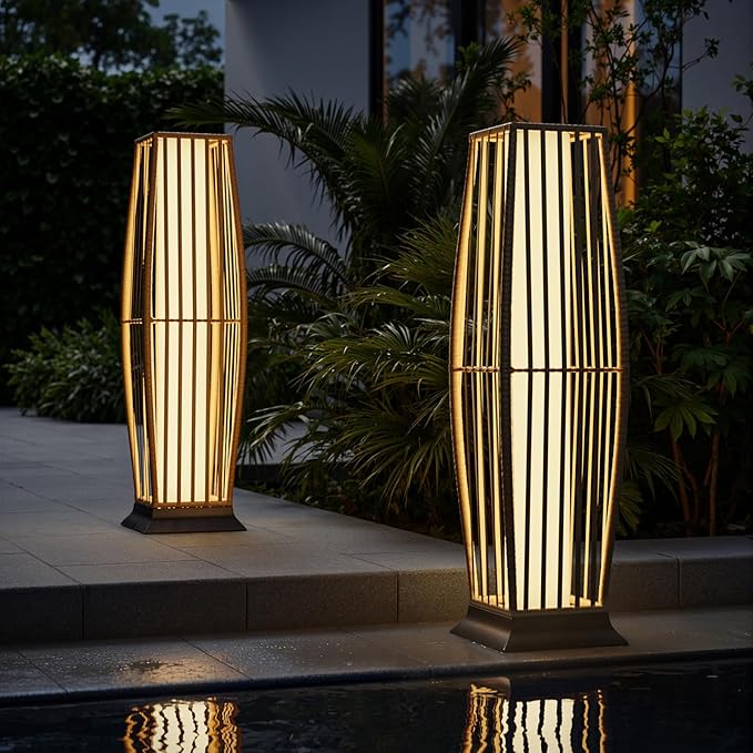 Rattan Outdoor Floor Lamp Set of 2, Boho Solar Porch Lights Outdoor Waterproof for Patio, Garden, Balcony & Deck, Natural (Vertical)