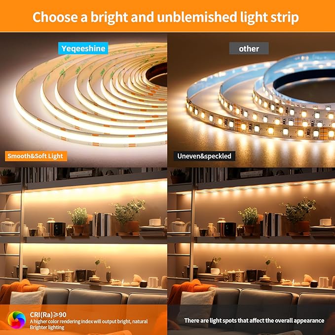 COB LED Strip Lights, 16.4ft DC 12V Tunable White 2700K- 6500K COB LED Strip Light Work with Alexa Google, RF Remote and App Control Sync Music LED Strip for Living Room, Shelf, Cabinet