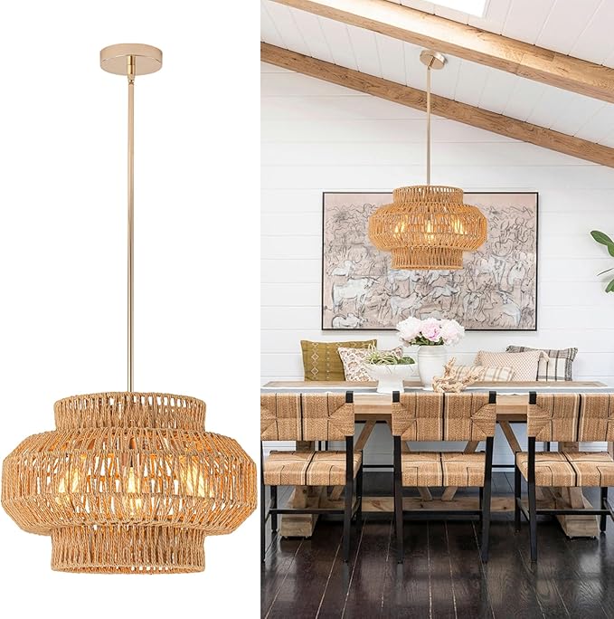 17.7'' Rattan Pendant Light,3-Light Boho Chandelier,Dinning Lighting Fixture Hand Woven Shade Boho Hanging Light Wicker Chandelier for Bedroom Kitchen Island Farmhouse Living Room Light Fixture