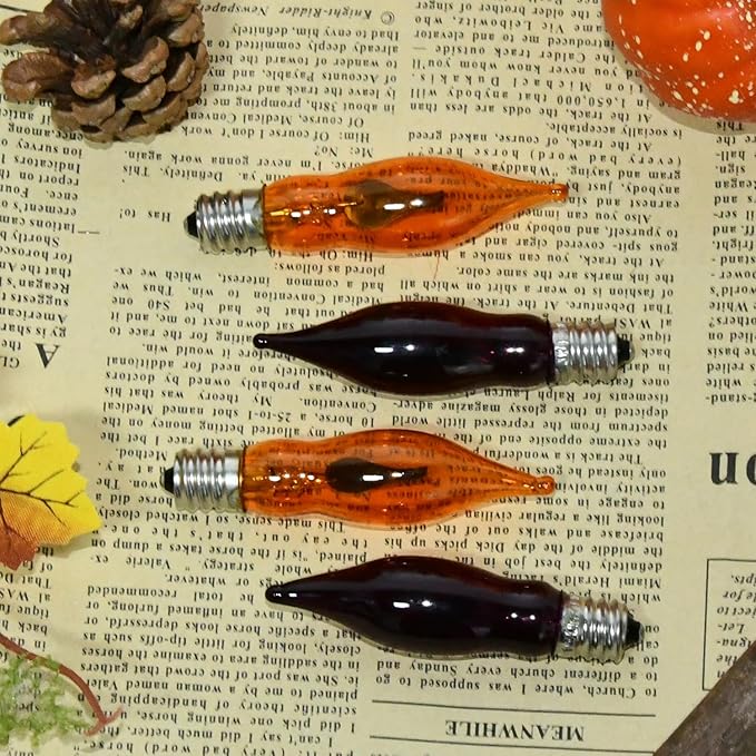 12 Pack C7 Clear Orange and Purple Flickering Flame Replacement Bulbs for String Lights Outdoor, E12 Screw Base, Flame Bulbs for Halloween Indoor Outdoor Roofline Garden Patio Party Decorations