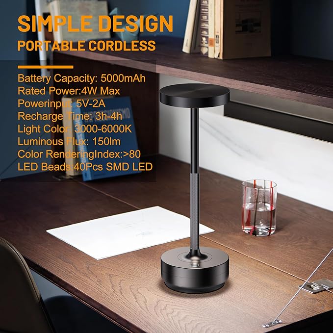 SAKRINGT 2 Pack Rechargeable Cordless Table Lamp - Battery Operated LED Portable Table Light with 3 Color Stepless Dimming, Memory Function - IP54 Waterproof for Outdoor, Restaurant, Patio, Camping