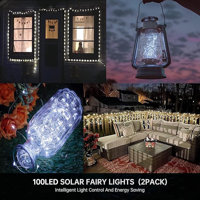 Outdoor Solar String Lights, 2 Pack 33ft 100L Solar Copper Fairy Lights,8 Modes Twinkle Lights Decor for Indoor Outdoor Patio Yard Trees Christmas Wedding Party (Cool White)