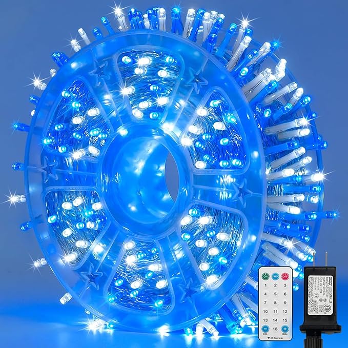 LAMPHOME 165ft Christmas Decorative Mini Lights, 500 LED Transparent Wire Fairy Starry String Light Plug in, 16Lighting Modes for Indoor Outdoor Xmas Tree Wedding Party Decoration (White and Blue)