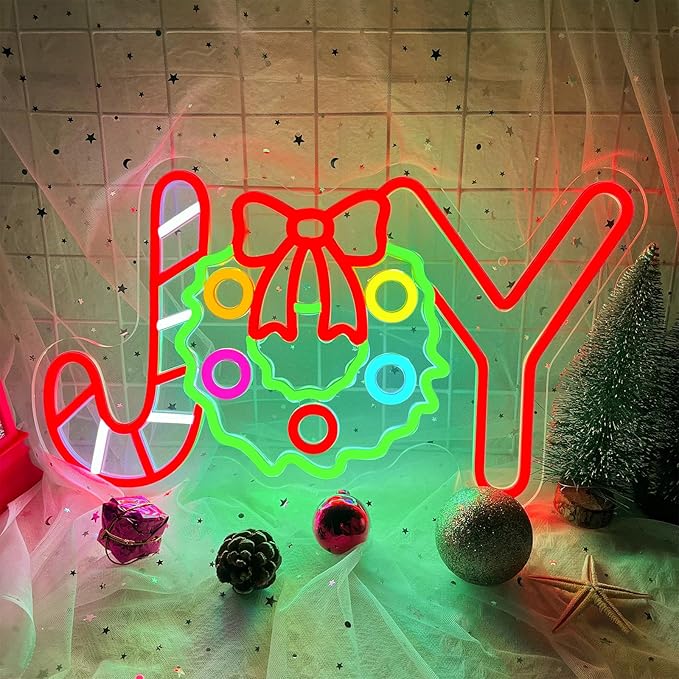 Christmas Neon Sign Christmas Joy Neon Light Signs Wreath Light Sign for Wall Decor Dimmable USB Powered LED xmas Candy Light Up Sign for Bedroom Living Room Holiday Parties Festival Bar Shop