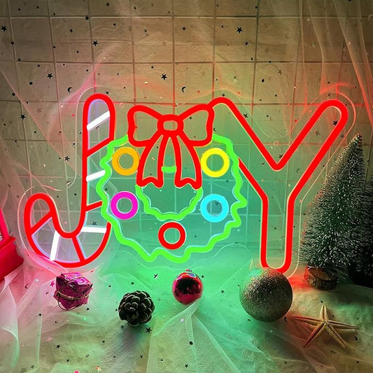 Christmas Neon Sign Christmas Joy Neon Light Signs Wreath Light Sign for Wall Decor Dimmable USB Powered LED xmas Candy Light Up Sign for Bedroom Living Room Holiday Parties Festival Bar Shop