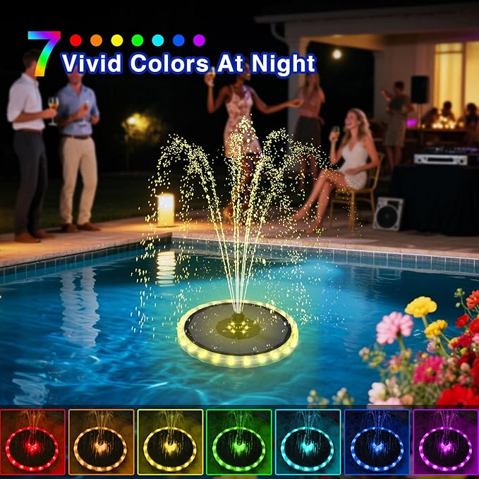 SZMP Solar Fountain, 4W Solar Powered Bird Bath Fountains with 4000 Battery, Color LED Lights, Outdoor Water Feature Fountain Pump with 7 Nozzle and 4 Fixers for Garden, Patio, Pond, and Pool