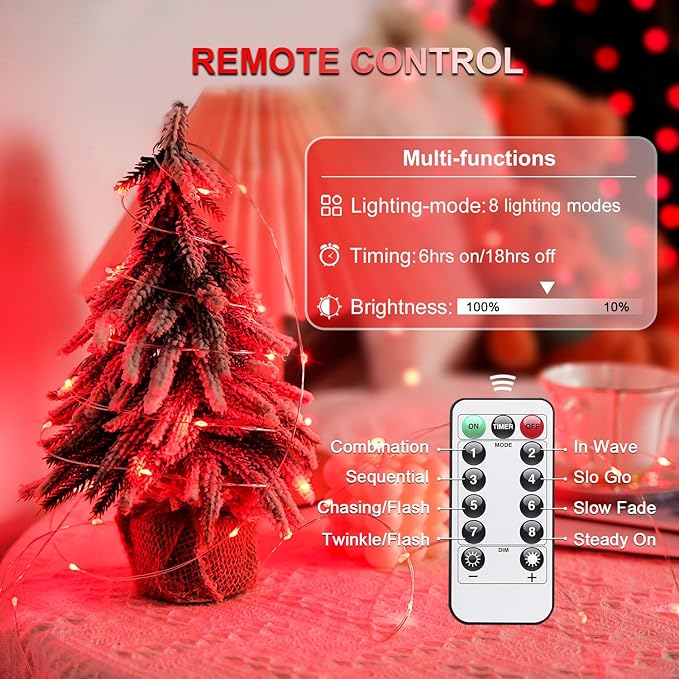 JMEXSUSS 2 Pack Red Fairy Lights Battery Operated, Total 200 LED 66ft Red String Lights Battery Powered with Remote, 8 Modes Christmas Lights for Tree Indoor Outdoor Wreath Bedroom Halloween Decor