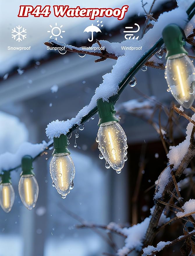 C9 LED Christmas Lights Outdoor, Christmas Outdoor Lights with 27 LED Warm White Bulbs(2 Spare) for Xmas Holidays Roofline Patio Garden Party Wedding Decor
