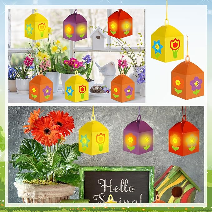12 Sets Spring Floral Flower Craft with LED Lights Colorful Flower Tissue Paper Crafts Kits DIY Hanging Suncatchers Lanterns Kits for Window Decor Spring Summer Favors Home Activities