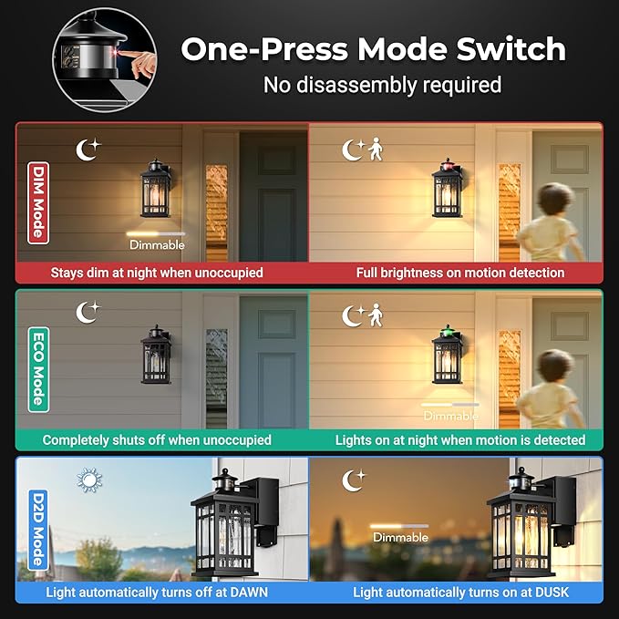 Porch Light with GFCI Outlet, Black Motion Sensor Outdoor Lights 2-Pack, Outside Wall Lights for House, Garage, Doorway, Garden, Aluminum Waterproof and Anti-Rust, Distance and Time Adjustable
