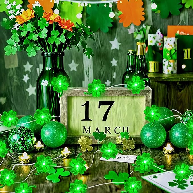 Aogist Super Bright 50LED Shamrock String Lights - 16ft St Patrick's Day 3D Clover Fairy Lights Battery Operated for Indoor/Outdoor Irish Party, Wedding, Holiday Green Decor - 1 Pack