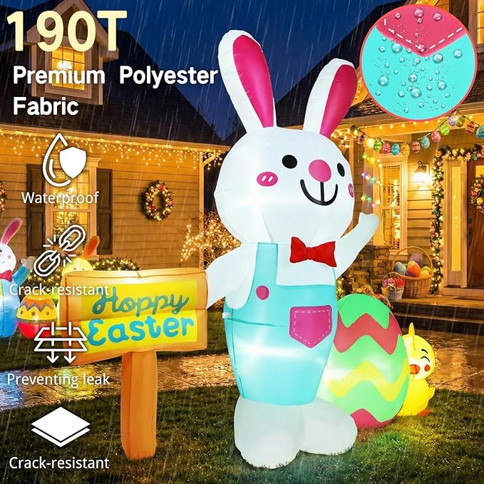 5FT Easter Inflatable Outdoor Decorations Bunny with Egg & Chick Blow Up Yard Ornament with Soft LED Illumination Stable Blower & Fixing Kit for Spring Lawn Decor Garden Holiday Party Display