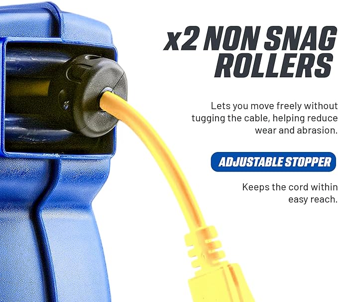 Goodyear Retractable Extension Cord Reel – Heavy-Duty Commercial Cable with Triple Tap Connector, Auto-Rewind & Wall/Ceiling Mountable (Enclosed, 12AWG x 65 ft)