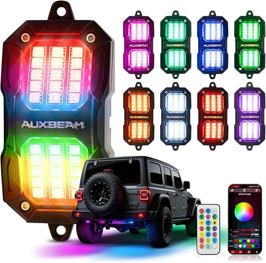 Auxbeam 8 Pods RGB LED Rock Lights w/Brake Mode, Dynamic Color Changing Wheel Well Lights w/Bluetooth APP& Remote Control, Music Voice Sync Underglow Kit for Trucks Boat Waterproof, 1 Year Warranty