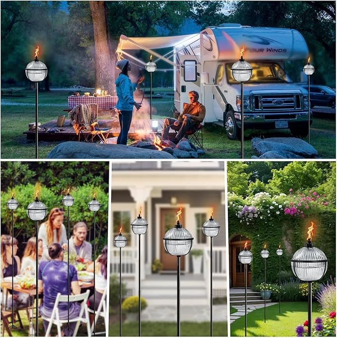 Citronella Torches Set of 4, Large Capacity 16 oz Outdoor Glass Torch Garden Décor，58.6 - Inch Upgraded Citronella Torches with 3-Prong Grounded Stake for Yard, Patio, Gatherin