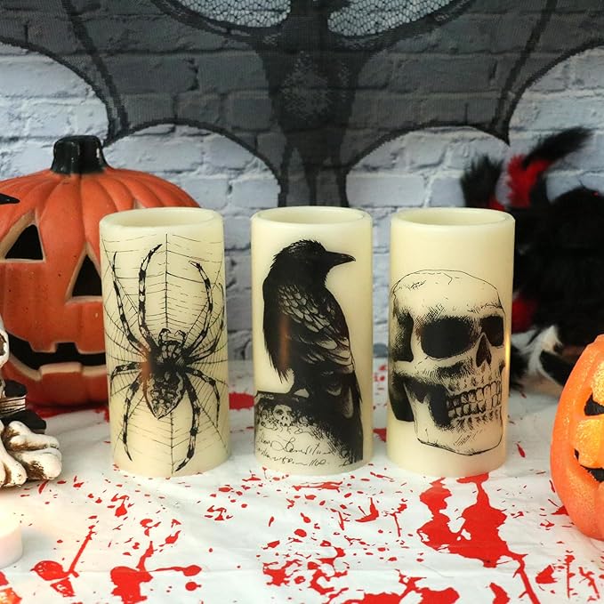 Eldnacele Halloween LED Flameless Flickering Candles Battery Operated with 6H Timer Skull Spider Web Crow Raven Spooky Decals Halloween Themed Indoor Decoration(3 Pack, D3 x H6)