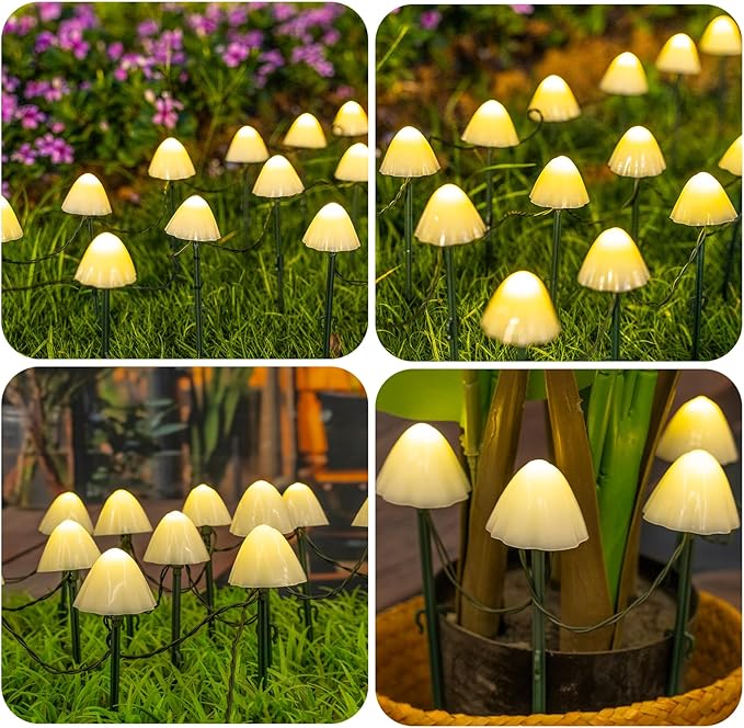20 LED Mushroom Solar String Lights Outdoor, 8 Modes Decorations Garden Lights Waterproof, Solar Fairy String Light for Outside Patio Pathway and Yard, Warm White