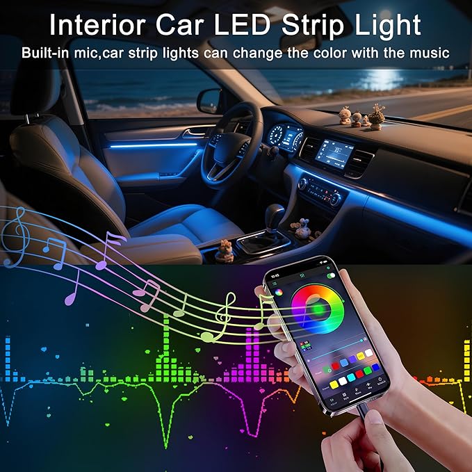 Interior Car LED Lights Wireless APP Control 5 in 1 RGB Ambient Lighting Kit with 236" Fiber Optic, 16 Million Colors Music Sync Waterproof LED Strip Lights for Cars Trucks SUVs Auto Interior Decor