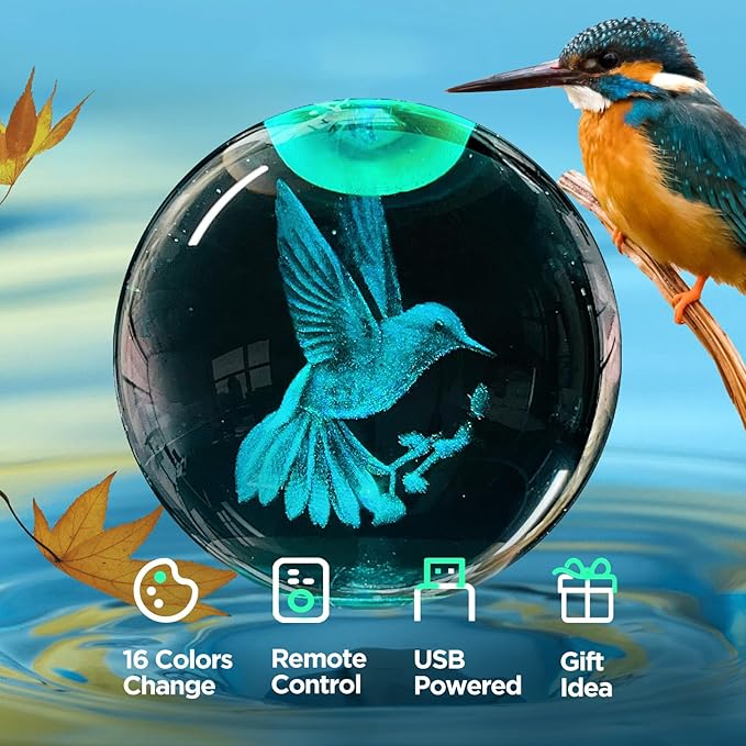 3D Hummingbird Crystal Ball Night Light with Remote Upgraded 3.15 In Hummingbird Figurine Glass Ball Lamp with 16 Color Wooden LED Base Cute Hummingbird Home Decor Gifts for Kids Teens Women
