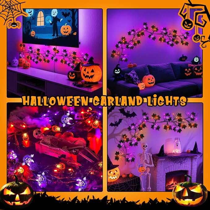 Halloween Garland with Lights, 6FT 54 LED Pumpkin Bat Willow Vine Twig Light Orange Purple Indoor Halloween Lights Decorations, 8 Modes Mansion Fireplace Wall Halloweens Light Up Garland for Mantle