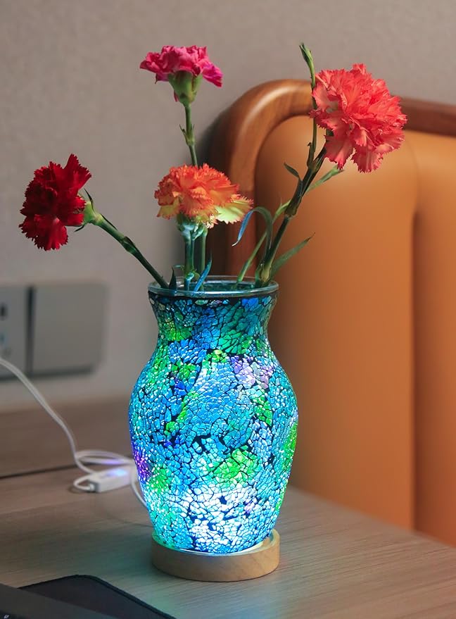 8-Inch Handcrafted Mosaic Cracked-Ice Vase Bedside Lamp with USB-Powered LED Wooden Base,Single-Switch Auto-Cycle RGB Mood Light, Purple-Green Vase USB Night Light for Party,Camping Decor