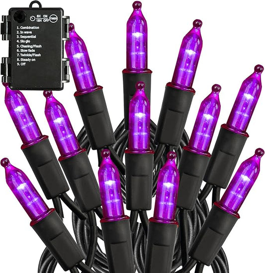 Battery Operated Halloween Lights, 50 LED 16FT Purple String Lights Outdoor, Waterproof Mini String Tree Light with 8 Modes, Halloween Decorations for Indoor Patio Garden Party Decor